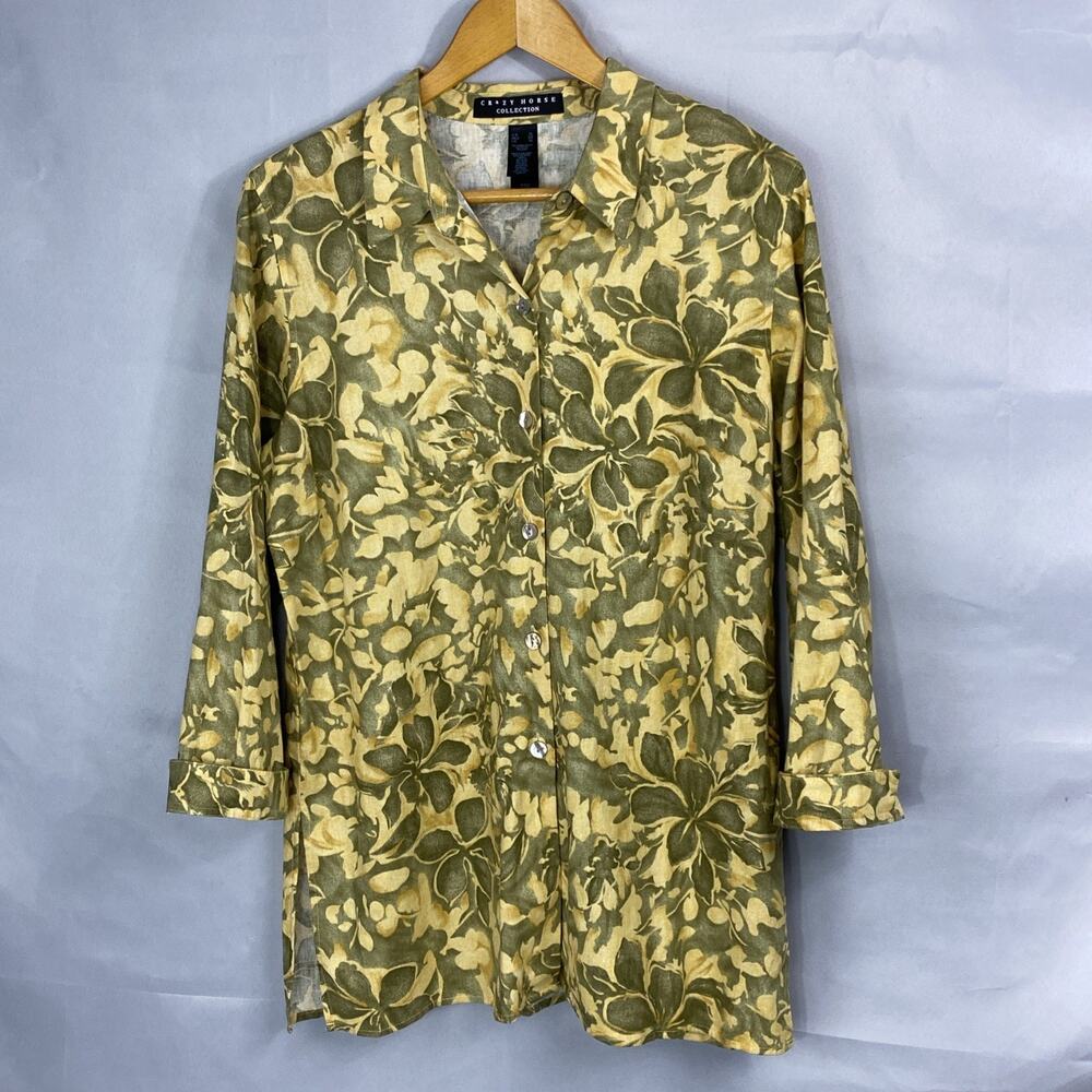 VTG Crazy Horse Shirt Womens XL Floral Green Yellow Tunic Hawaiian Linen Blnd